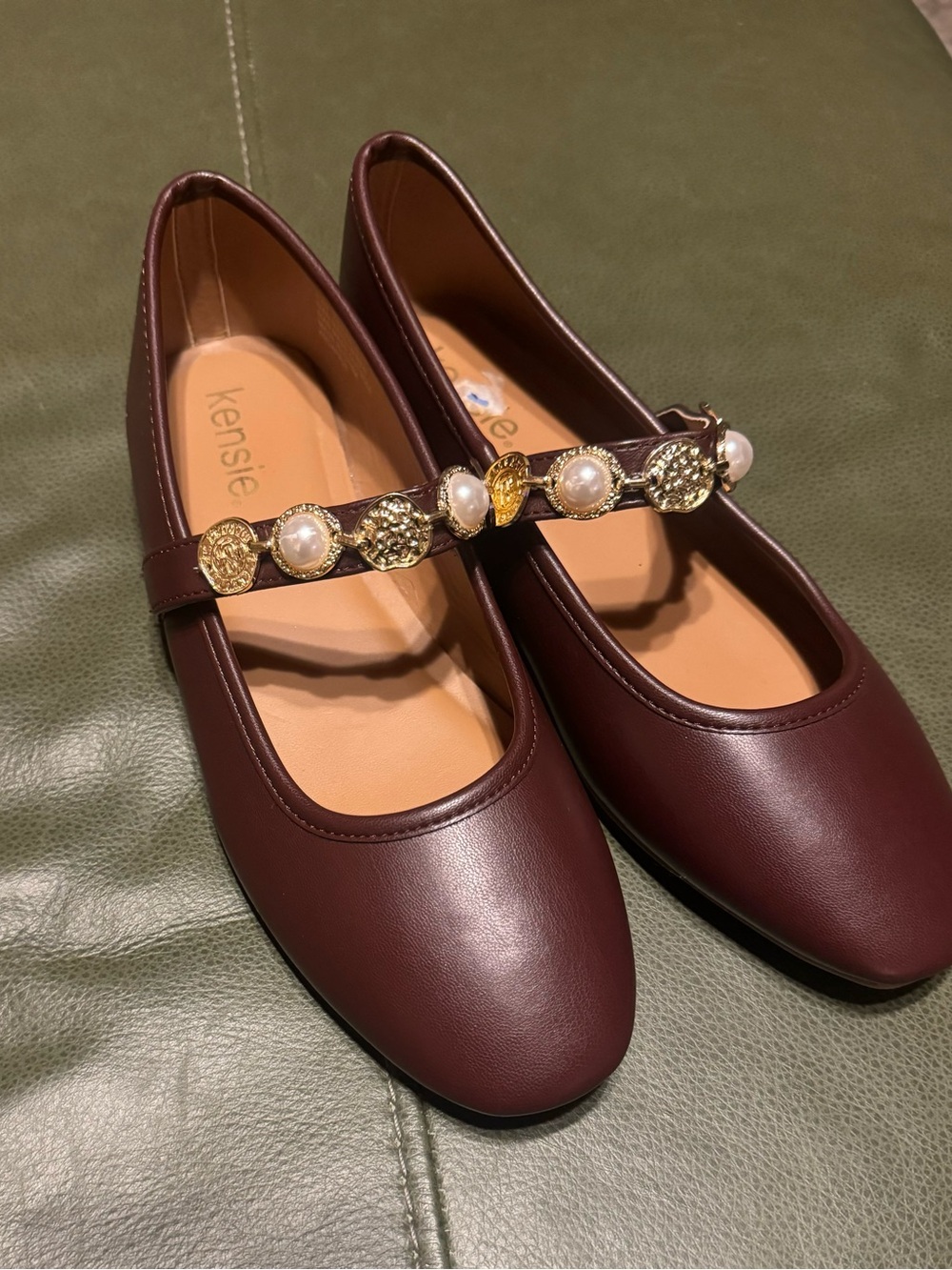 Kensie Women's Burgundy Pearl & Gold-Embellished Mary Jane Flats, Size 6.5